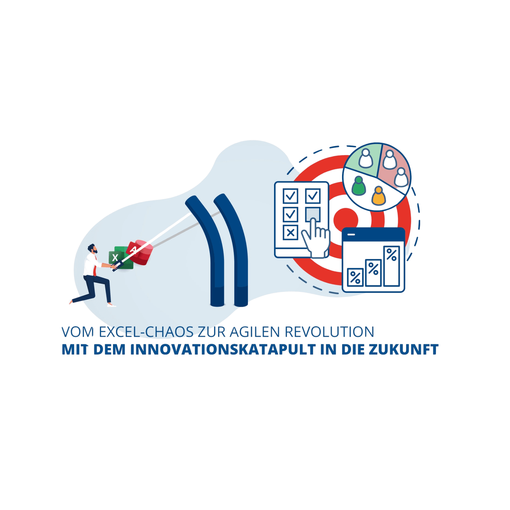 Illustration mit Papierstau und Katapult – Sinnbild für den Weg von Excel-Lösungen zu skalierbarer Software.