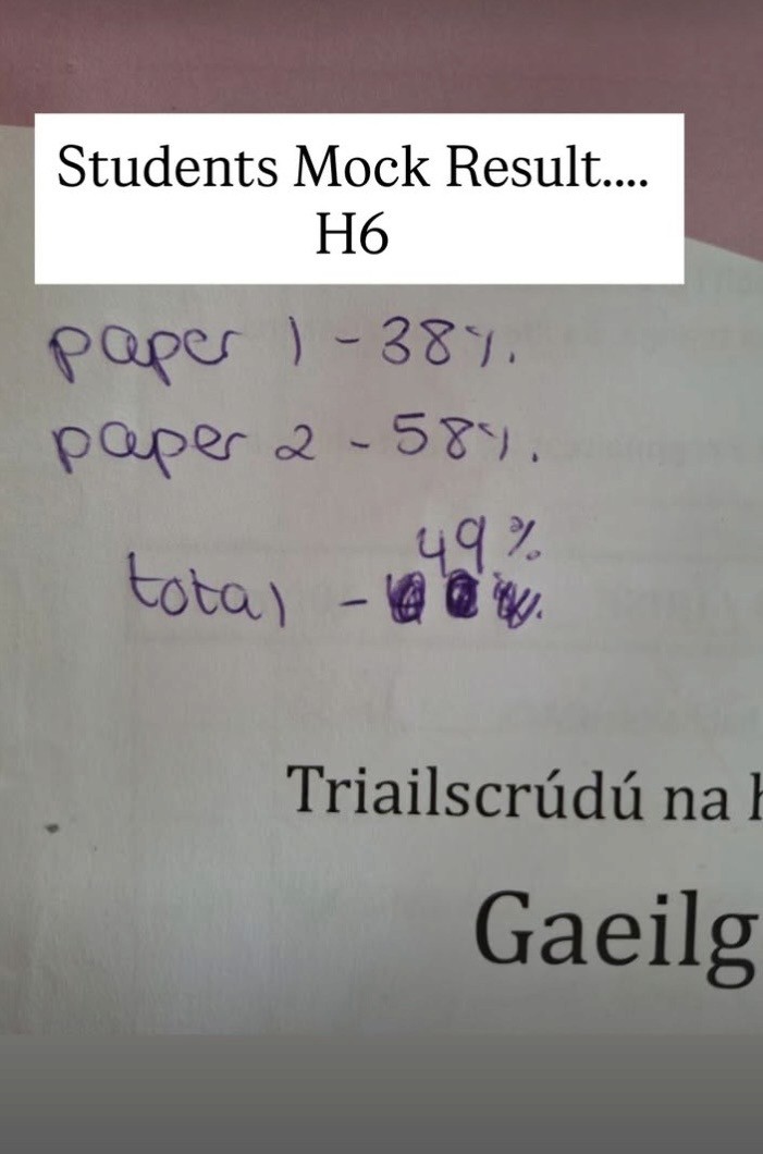 John’s mock Irish result: Paper 1 38%, Paper 2 58%, total 49%