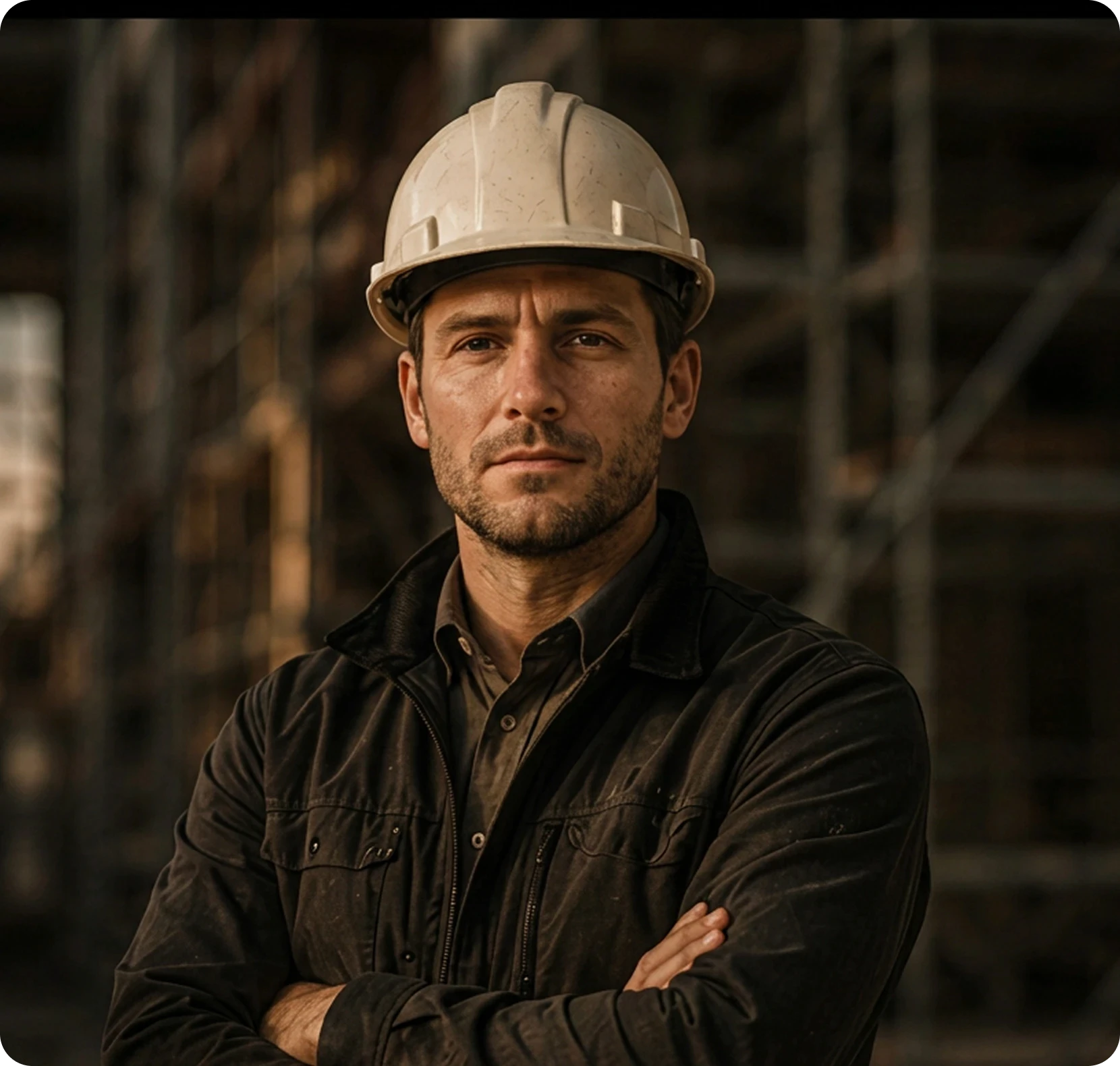 Man in jacket smiling in dimly lit structural environment.