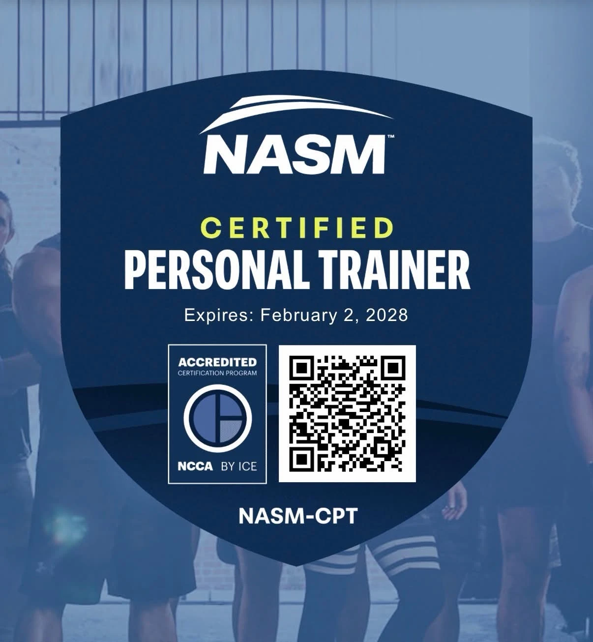 NASM Certified Personal Trainer badge, valid through February 2, 2028
