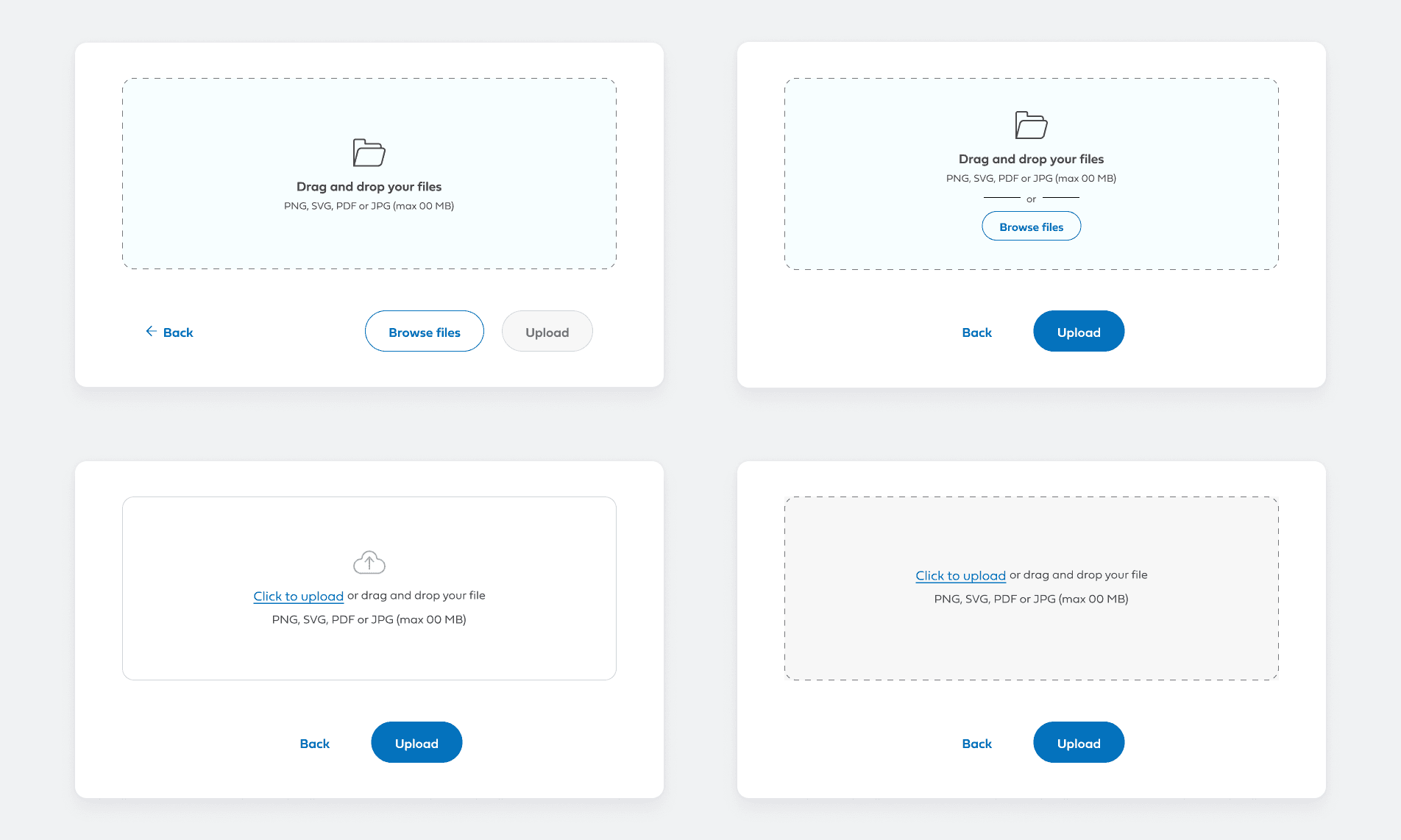 Four file-upload concepts comparing Browse button placement, inline upload links, and drop-zone background and border treatments.