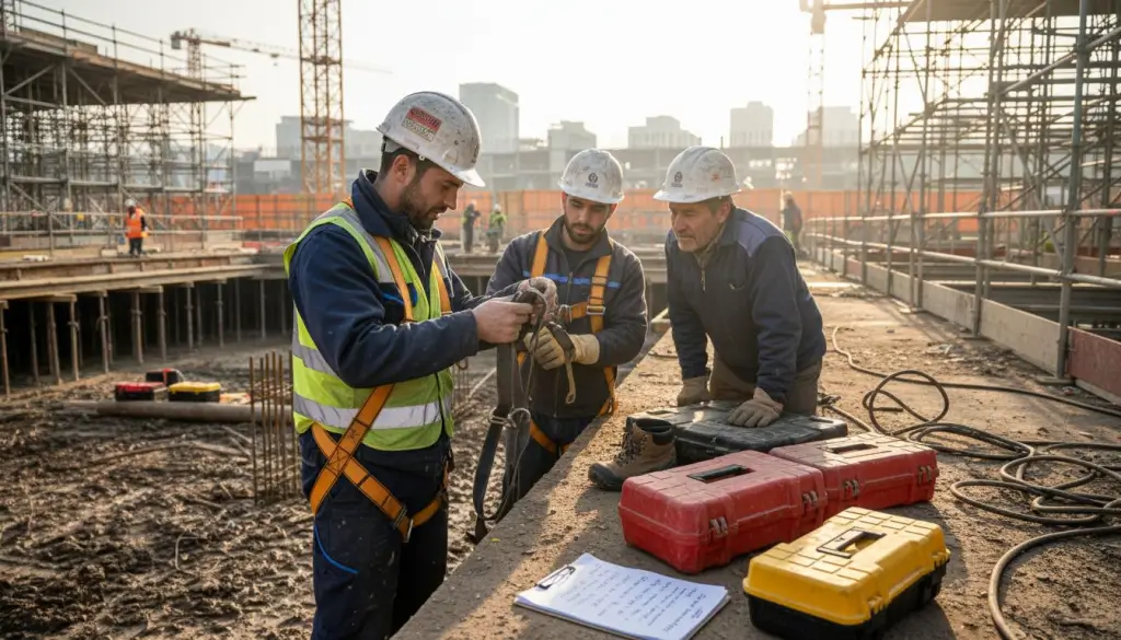 Il responsabile della sicurezza tiene una sessione di formazione sull’uso delle imbracature direttamente in cantiere.