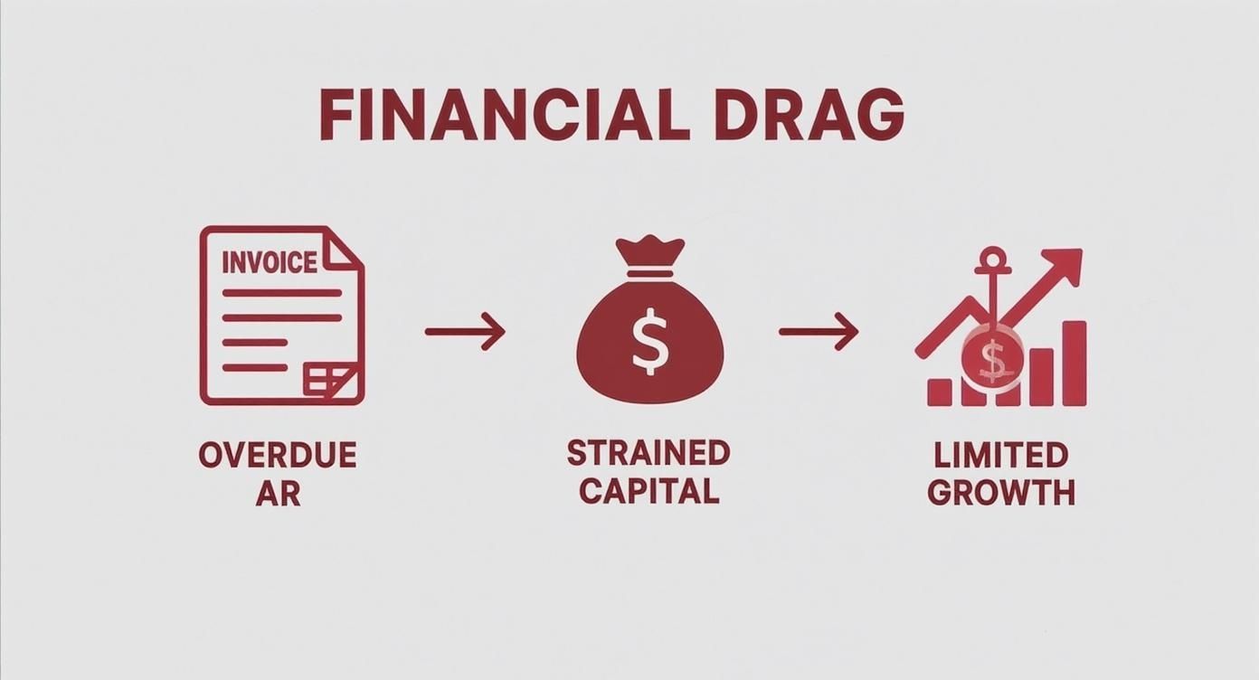 Flowchart illustrating financial drag: overdue accounts receivable leads to strained capital and limited growth.