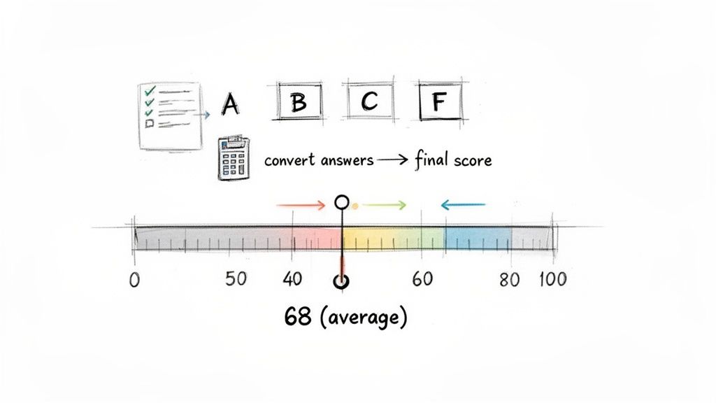 A diagram illustrating converting answers to a final score and average on a 0-100 grading scale.