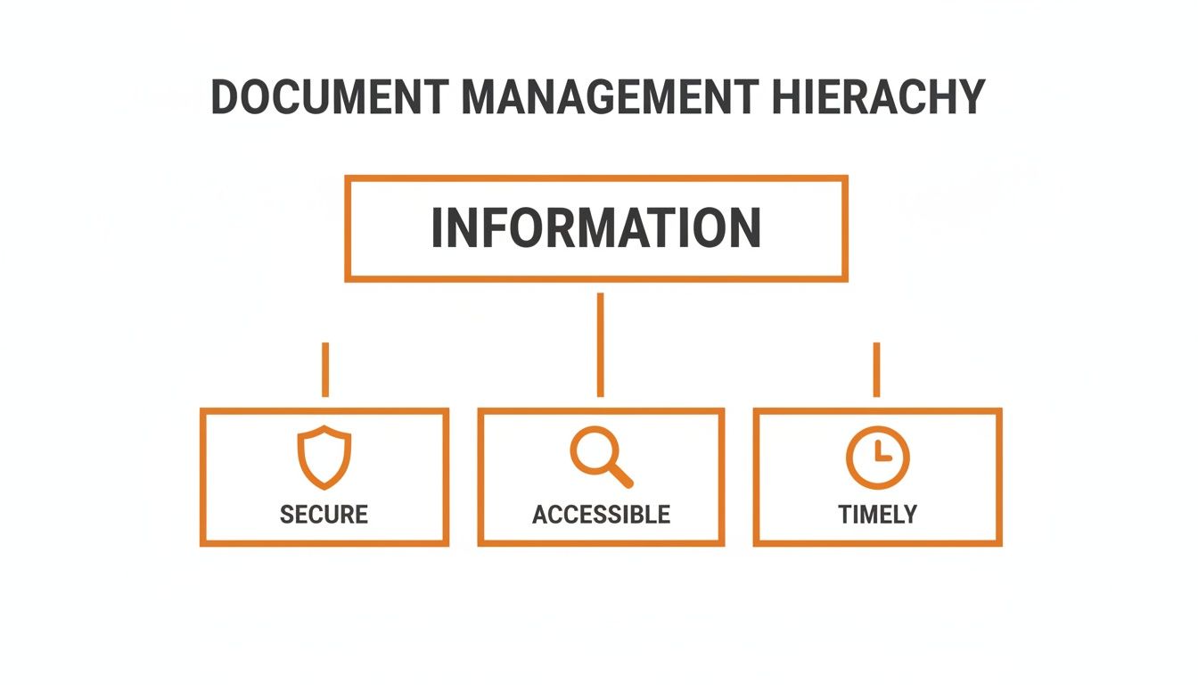 A document management hierarchy diagram showing information at the top, leading to secure, accessible, and timely attributes.