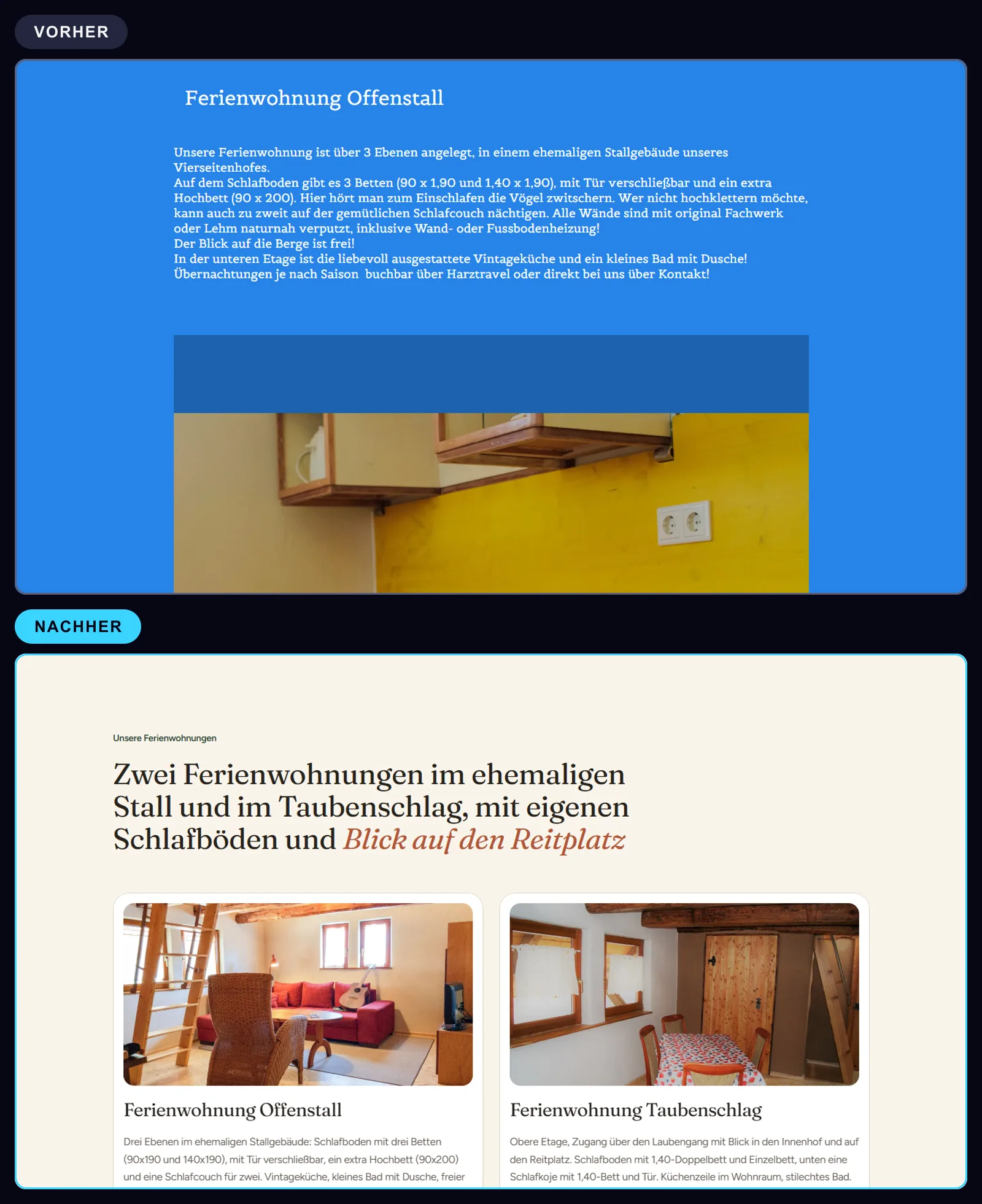 Vergleich der Ferienwohnungen: oben die alte Textseite Ferienwohnung Offenstall, darunter die Sektion Unsere Ferienwohnungen mit Fotos und Ausstattung.