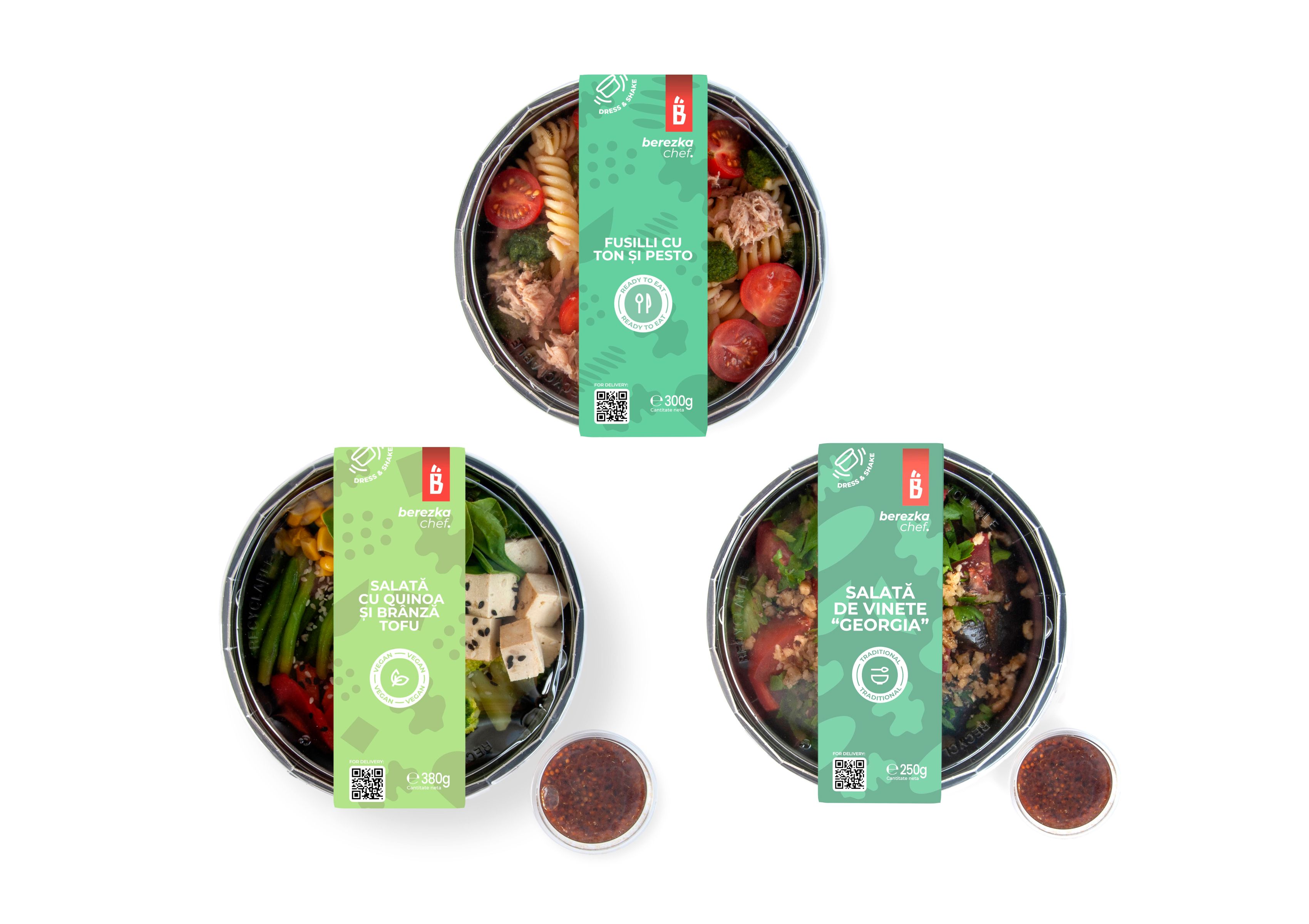 Berezka Chef salad packaging — fusilli with tuna and pesto, quinoa salad with tofu, and Georgian eggplant salad. Round containers with green color-coded labels.