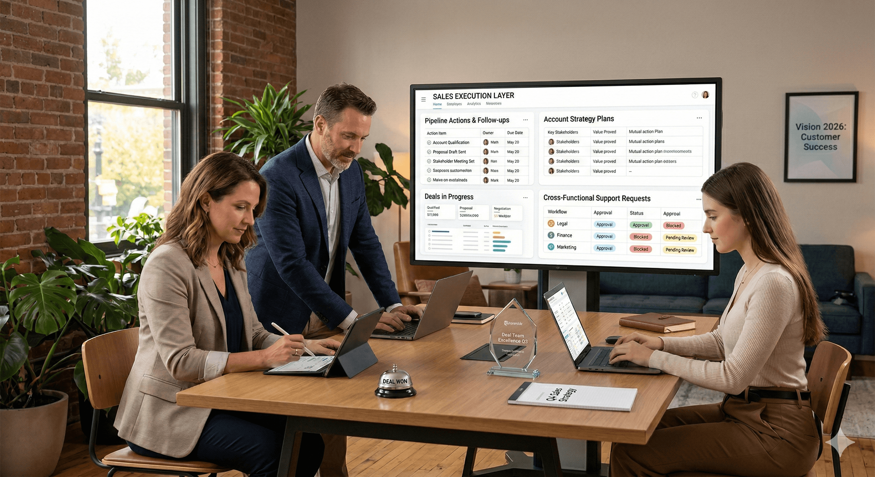 The image depicts a group of professionals in a modern office setting, collaborating around a wooden table with laptops while a large screen displays a sales workflow, highlighting 'Pipeline, Deals & Handoffs' in an organized format.