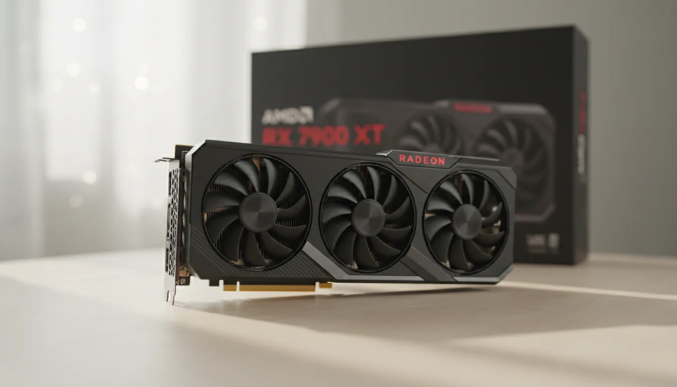 DSLR product photography of a modern, black AMD Radeon RX 7900 XT graphics card with a triple-fan design, showcased at a low angle on a light-colored textured desk. The GPU is in sharp focus, highlighting the matte black plastic shroud and its angular grey accents. In the background, its dark grey product box is placed out of focus, creating a soft bokeh effect. The scene is lit with bright, natural daylight, emphasizing the clean textures and creating soft shadows.