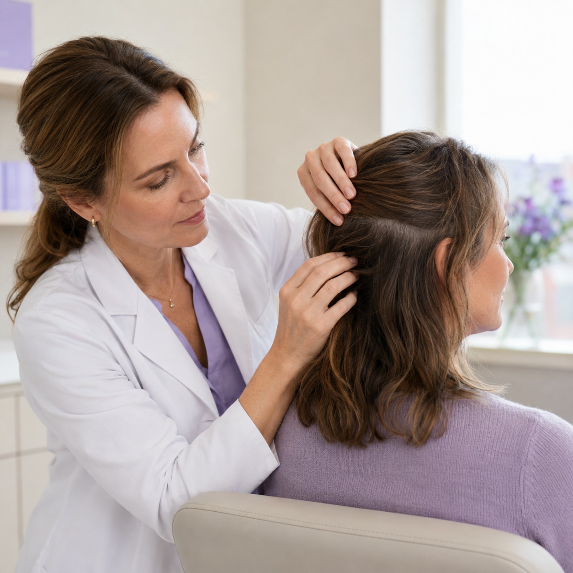 Specialist onderzoekt het donorgebied voor een haartransplantatie.