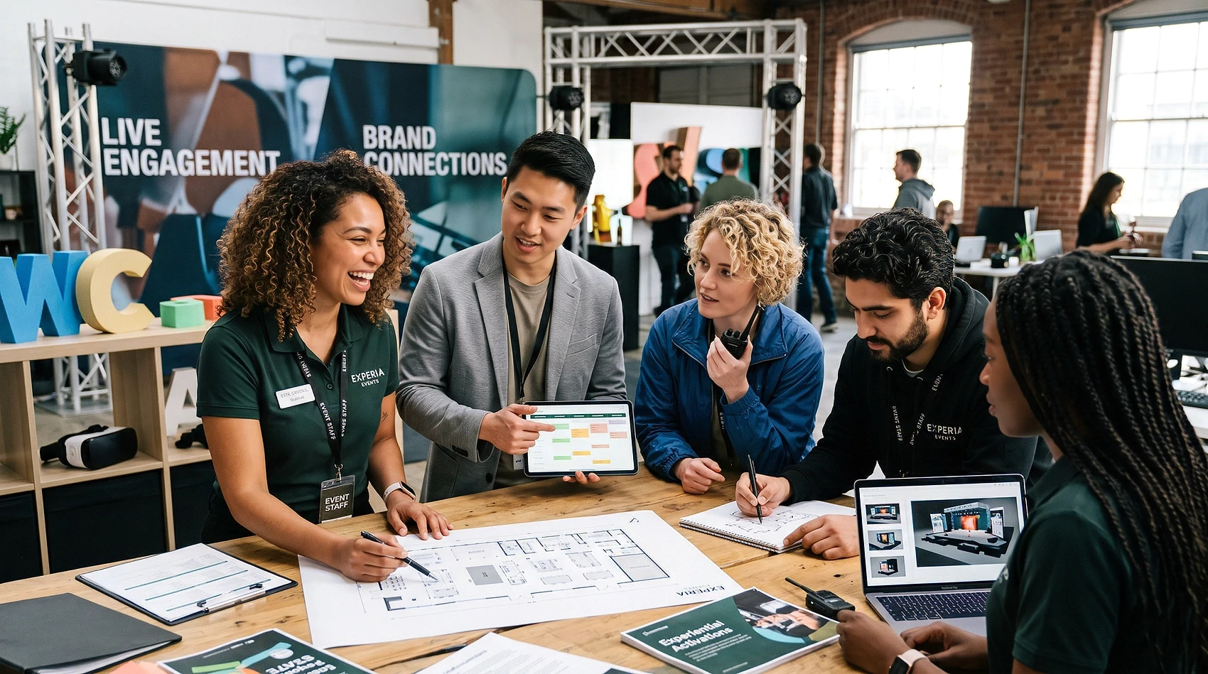 Event management team reviewing schedule and floor plan for live brand activation event