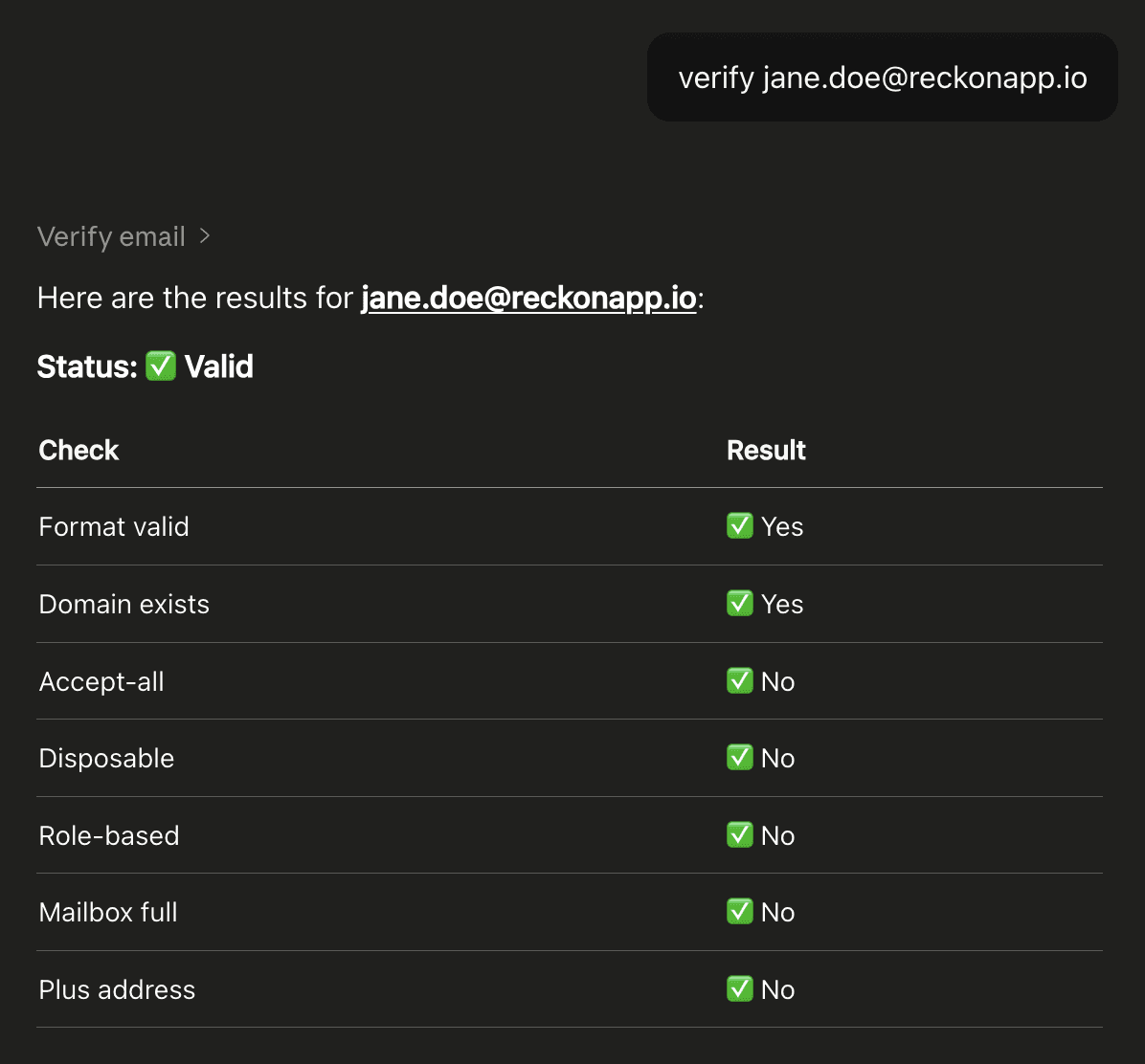 Example showing Reckon at work inside the Claude chat.