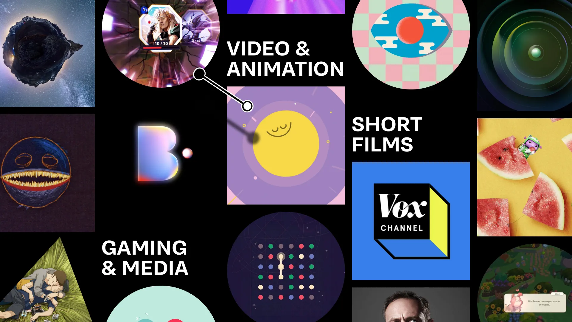 A collage of various colorful graphics and text elements, featuring diverse abstract designs and creative titles.