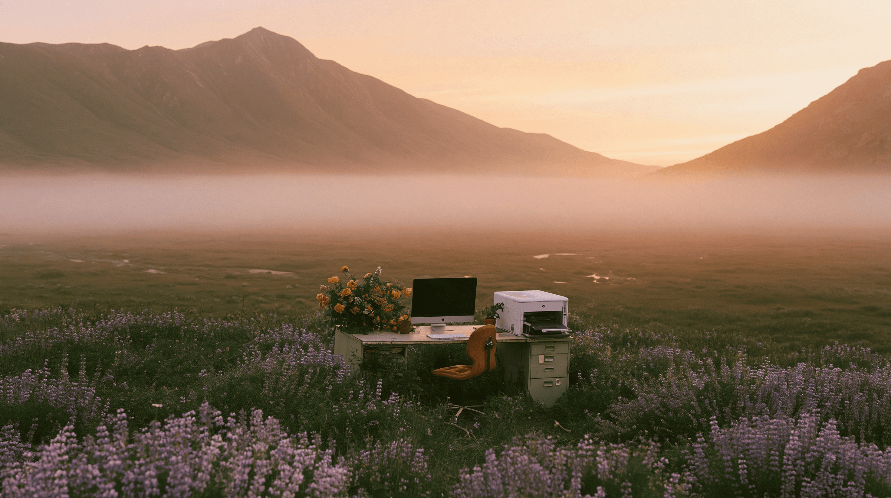 computer workstation in middle of field