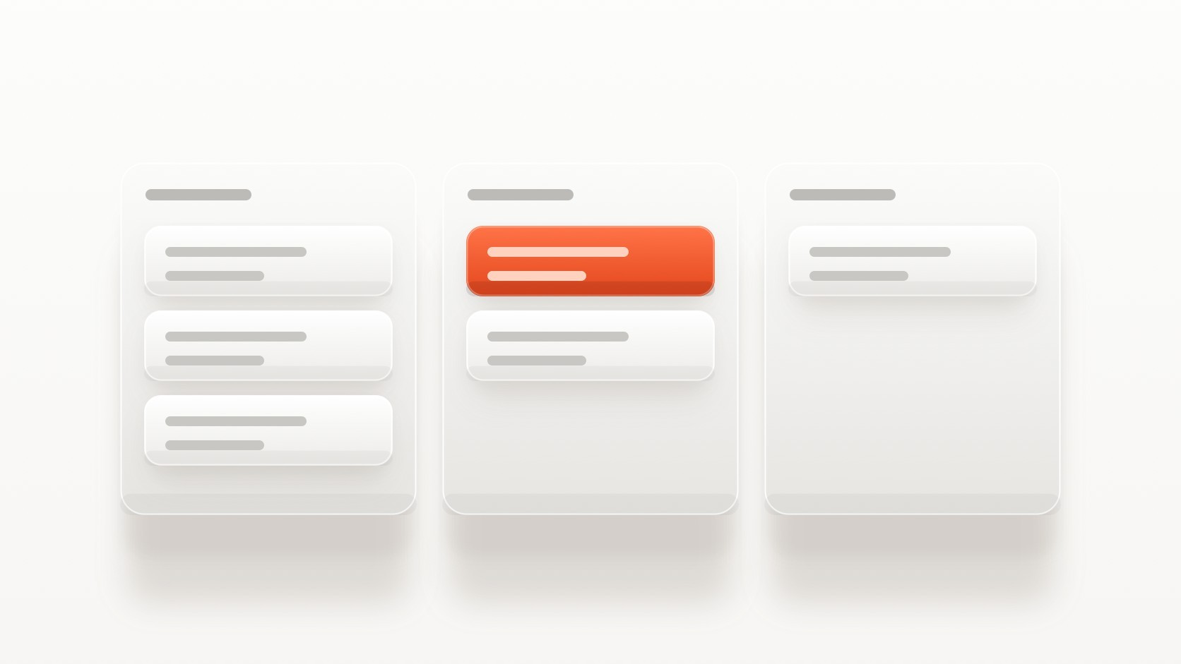 A project board with three columns of white cards and one orange card in the middle column, showing a shared board that tracks the current stage of a project.