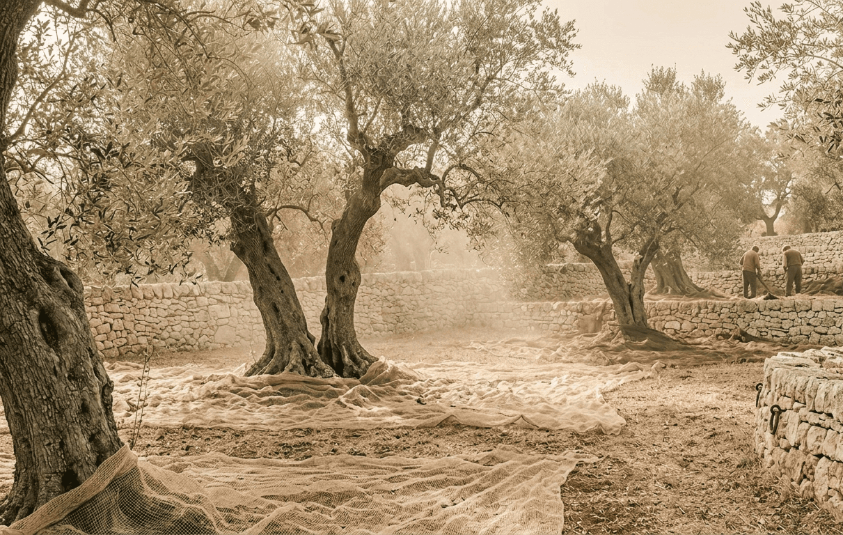 Nets spread beneath old olive trees during the harvest, with pickers working behind a drystone wall