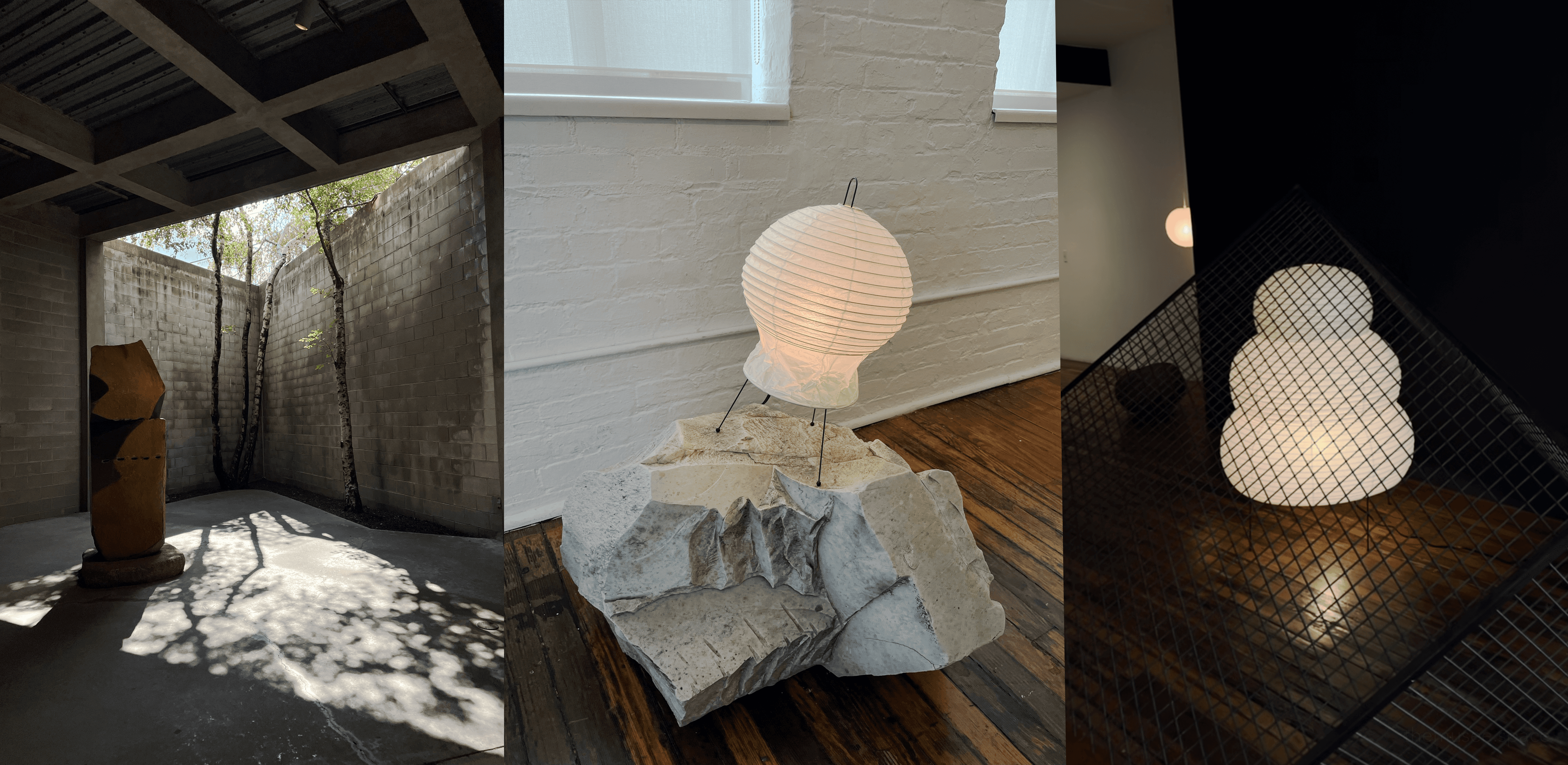 Outdoor sculpture garden with tree shadow, Akari light sculpture on stone base, and pyramid lamp at The Noguchi Museum, Astoria New York