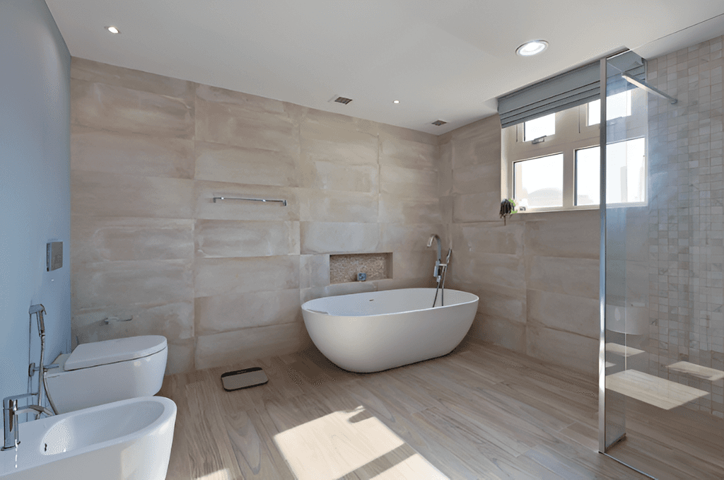Bathroom at Shoreline Apartments showcasing a glass shower door alongside a toilet.