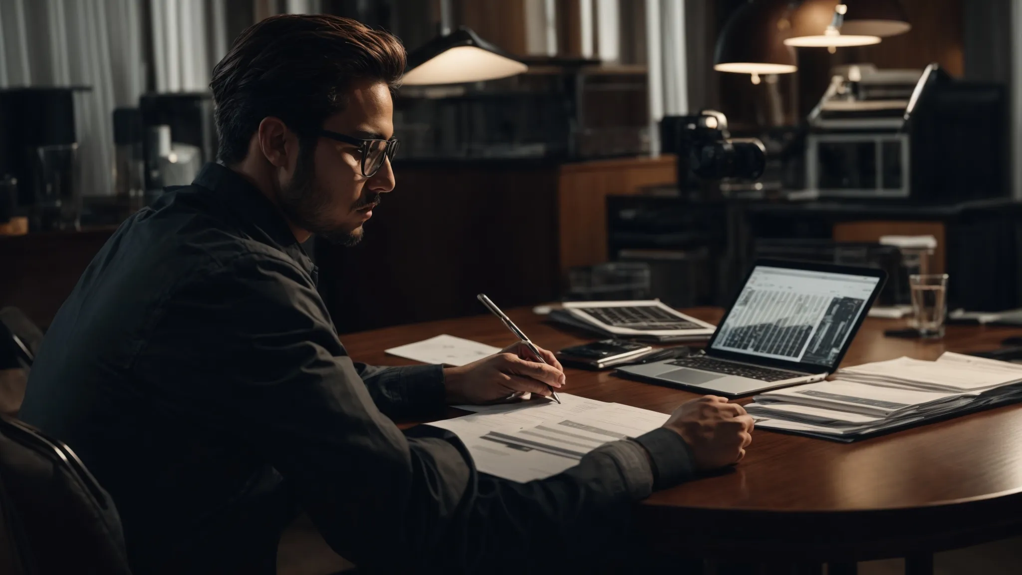 a producer sits at a large table with charts and a laptop, deeply focused on strategizing budget allocations for an upcoming film production.