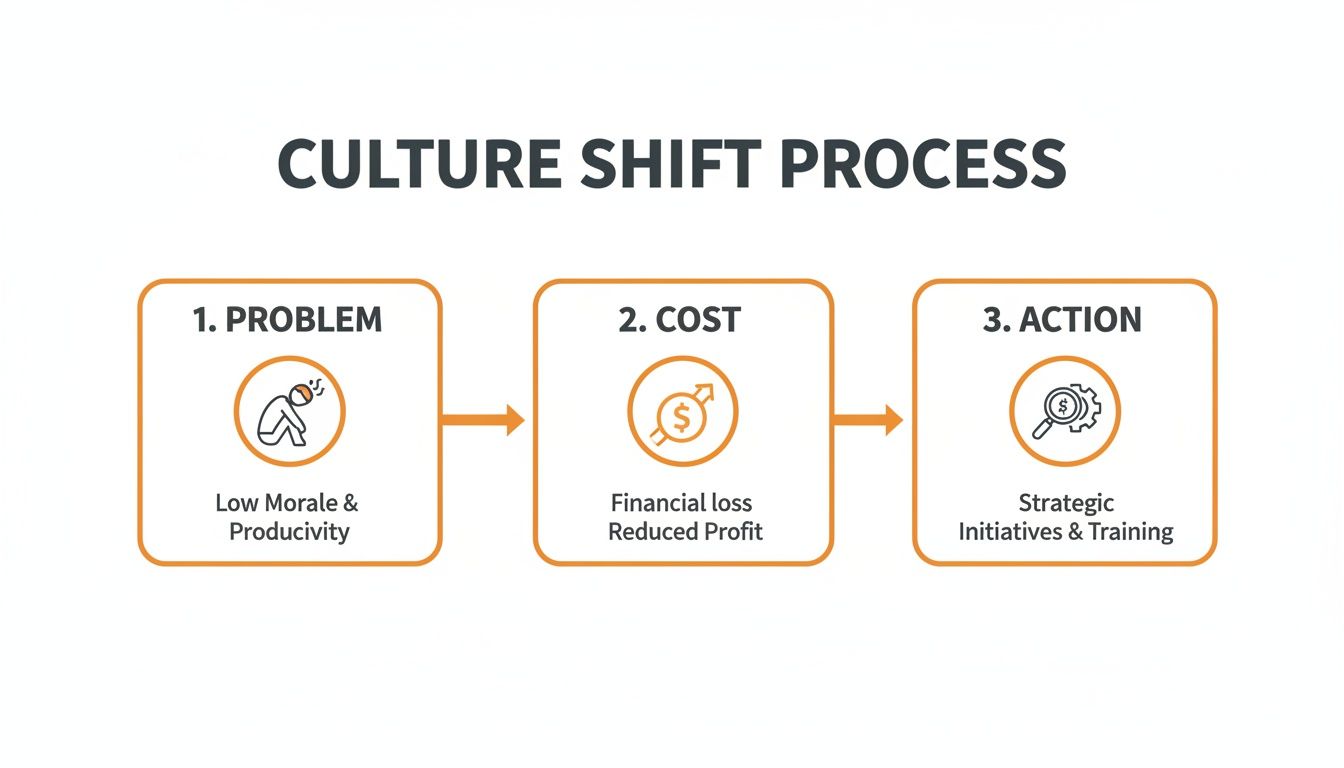 A diagram illustrating the three steps of a culture shift process, from problem to cost and action.