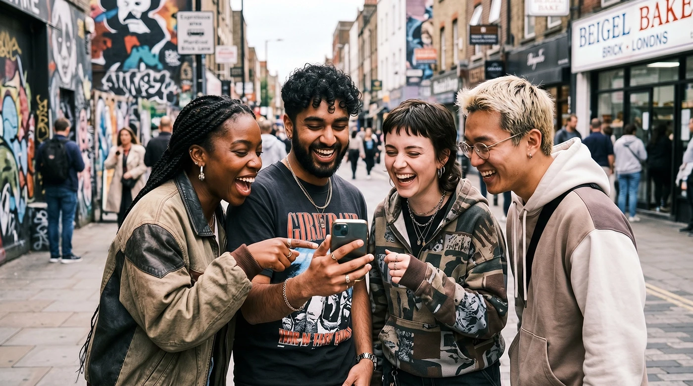 British Gen Z laughing looking at fake brand