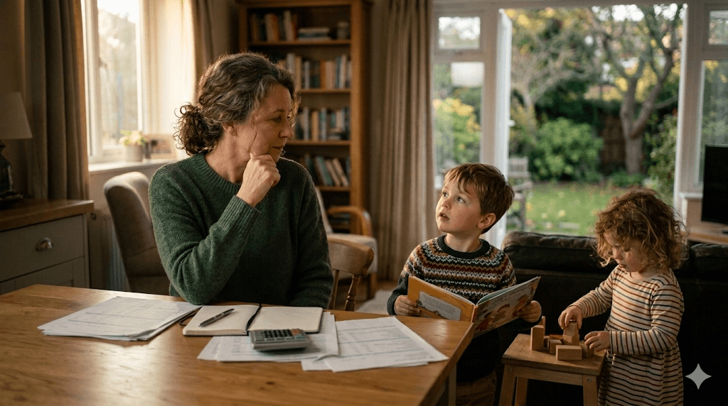 Woman at desk looking at grandkids