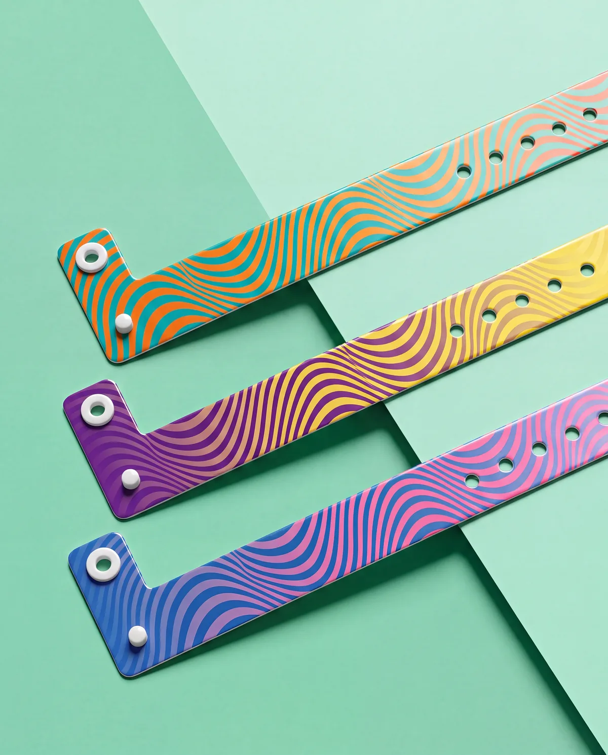 Vinyl wristbands with wave pattern in three colour combinations