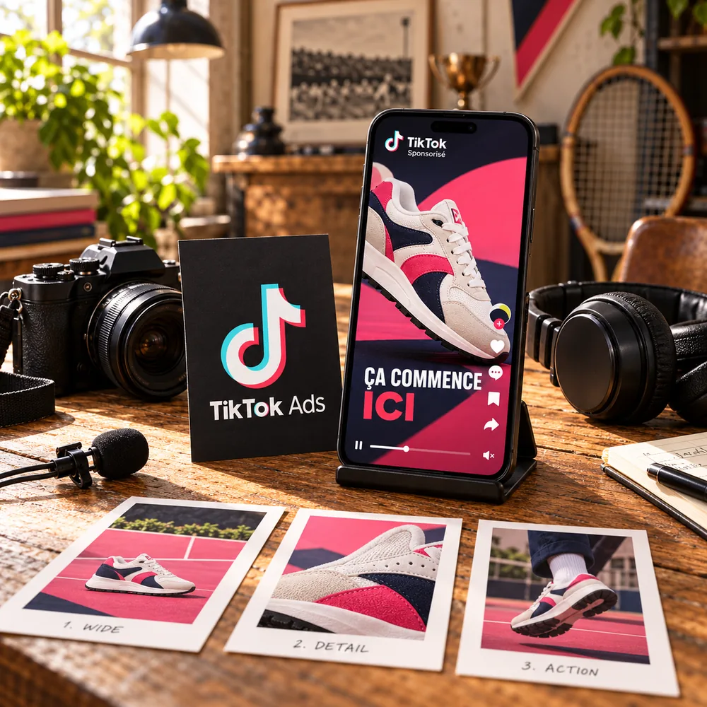 Un smartphone affiche une publicité vidéo TikTok aux côtés d’un storyboard et de matériel de tournage.