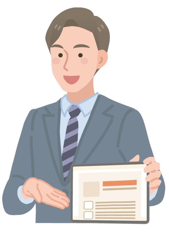 税務に関する説明をするスーツを着た男性のイラスト。