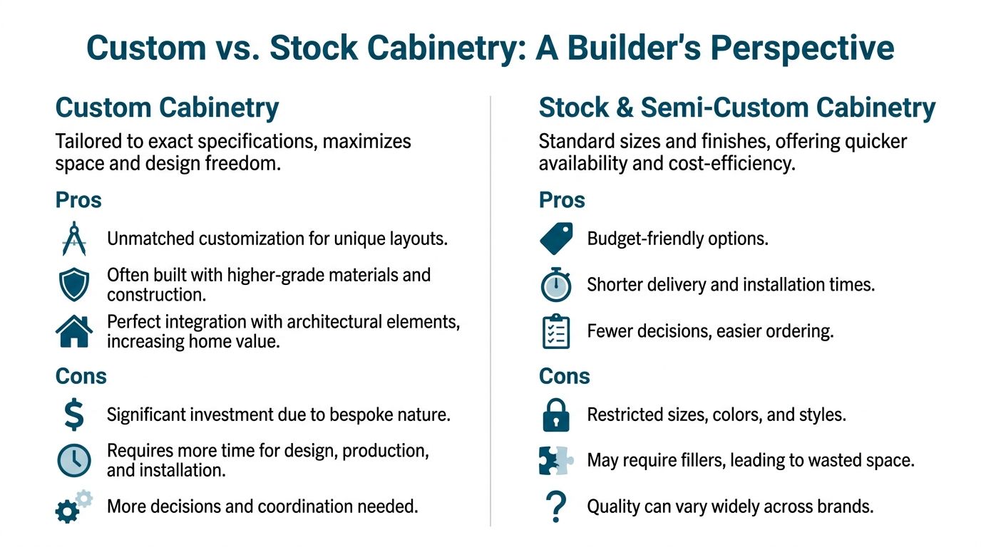 A comparison chart outlining the pros and cons of custom versus stock cabinetry for home builders.