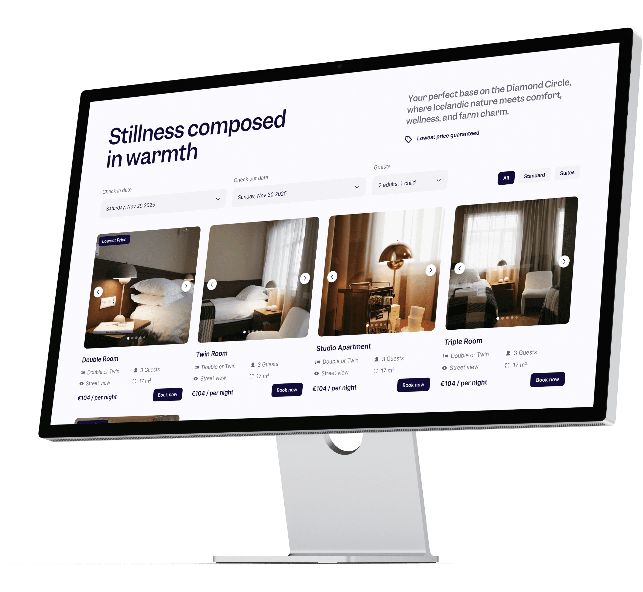 Hotel rooms and studio apartment listings on a screen.