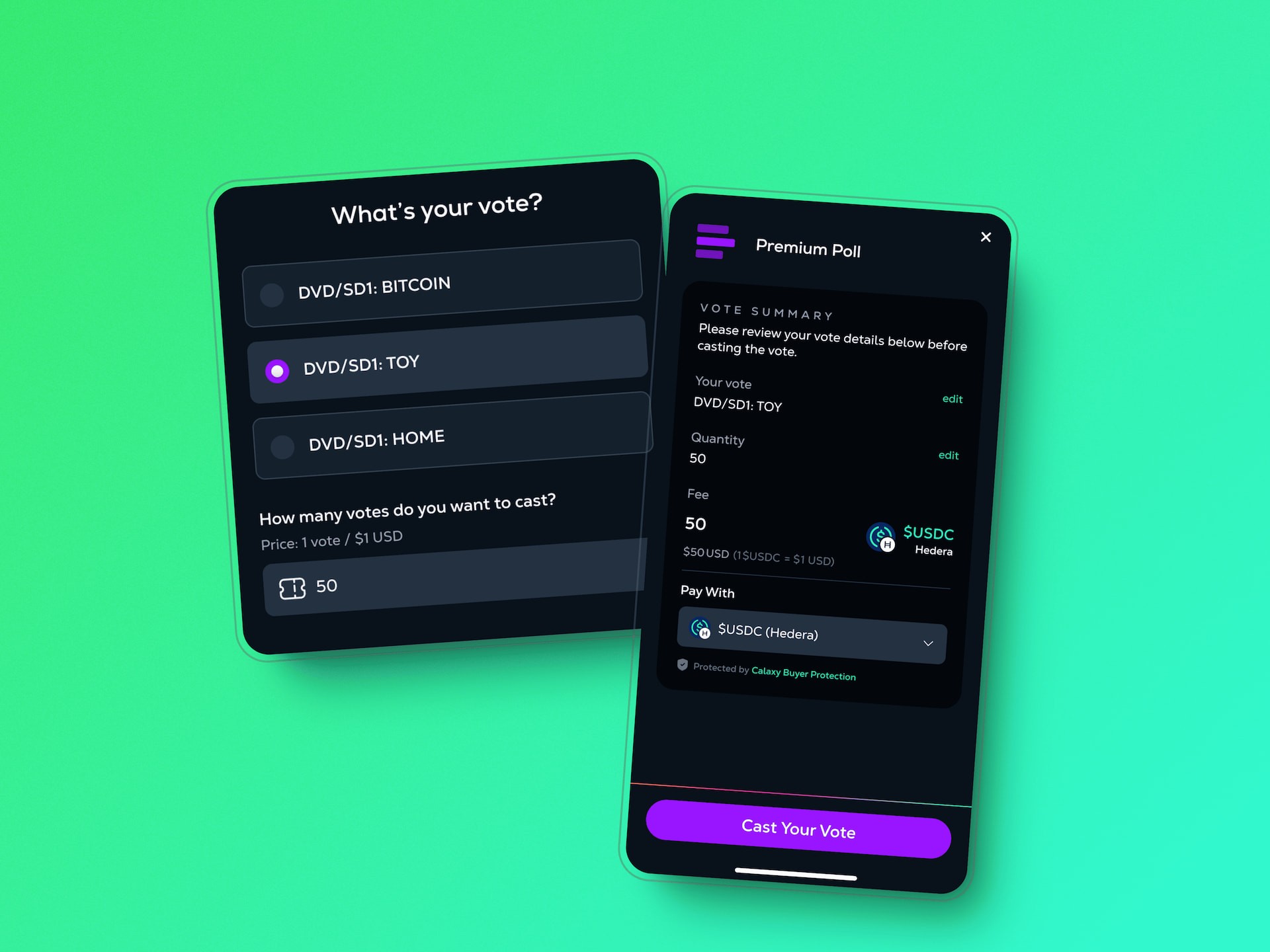Paid polls voting interface from the Paid Polls UX Prototype for Calaxy, designed by Chadd Weston, showing users selecting a poll option and choosing the number of blockchain-based votes to cast using tokenized pricing.