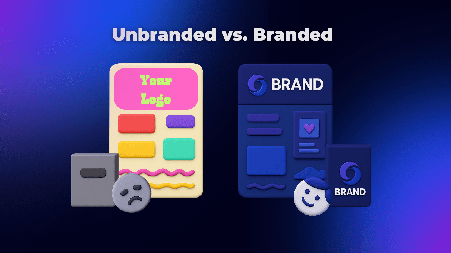 3D illustration comparing an unbranded design with generic colors and a branded design with cohesive visuals, logo, and brand assets, highlighting the impact of strong brand identity.