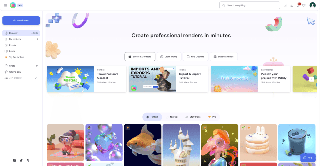 A screenshot showing the layout of the Womp explore page.