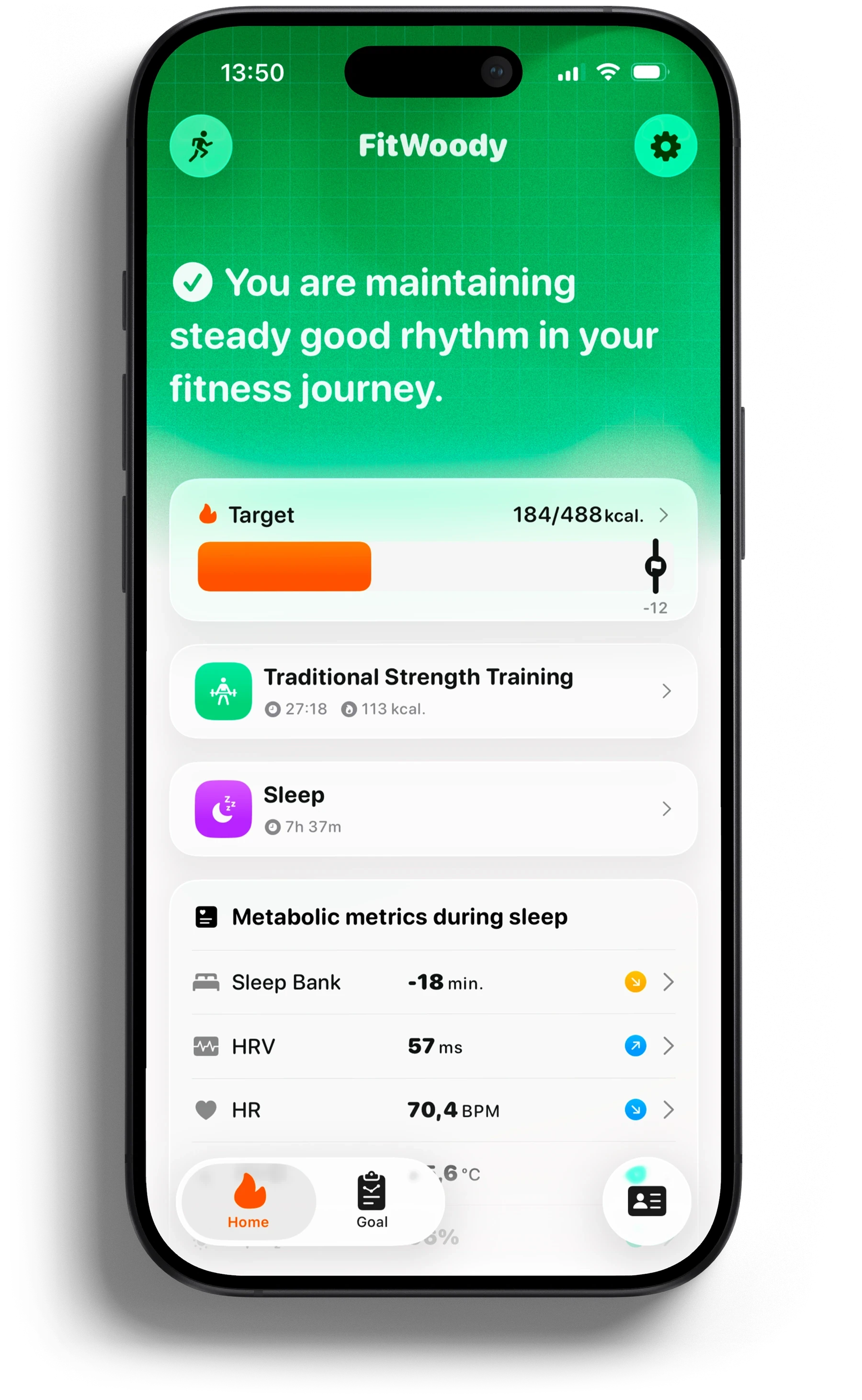 FitWoody en un iPhone: pantalla de inicio en inglés con objetivo, entrenamiento, sueño y métricas metabólicas