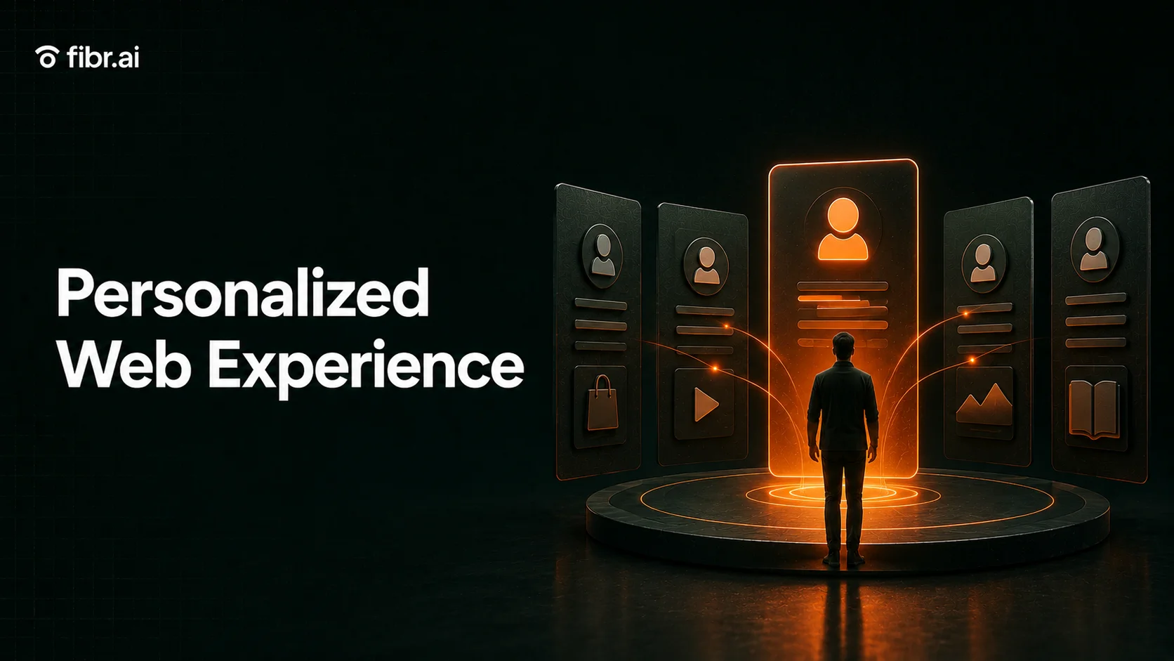 Personalized web experience concept with futuristic user interface panels and glowing orange personalization flow on dark green background.