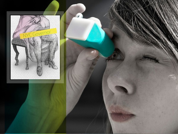 A grayscale close-up of a woman’s face, with her eyes closed and head tilted back. She holds a teal and white rectangular object near her right eye. A green-tinted hand is visible on the left side of the image. In the top left corner, a yellow box contains the text "NYC Governor."