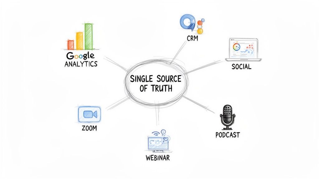 Diagram showing 'Single Source of Truth' connected to data sources: Google Analytics, CRM, Social, Podcast, Webinar, Zoom.