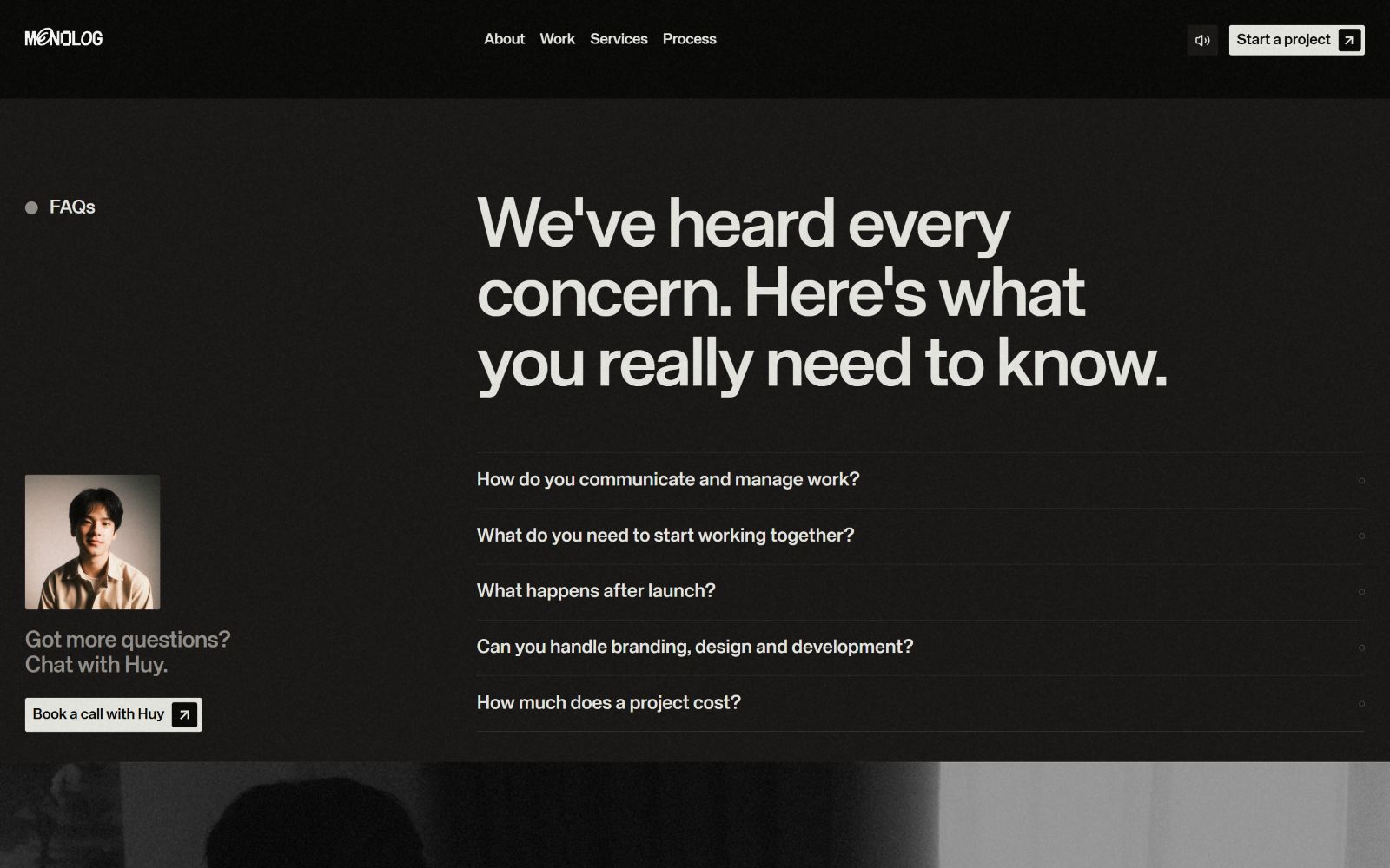 Dark webpage with large white text: "We've heard every concern. Here's what you really need to know." Includes FAQ questions and a sidebar.