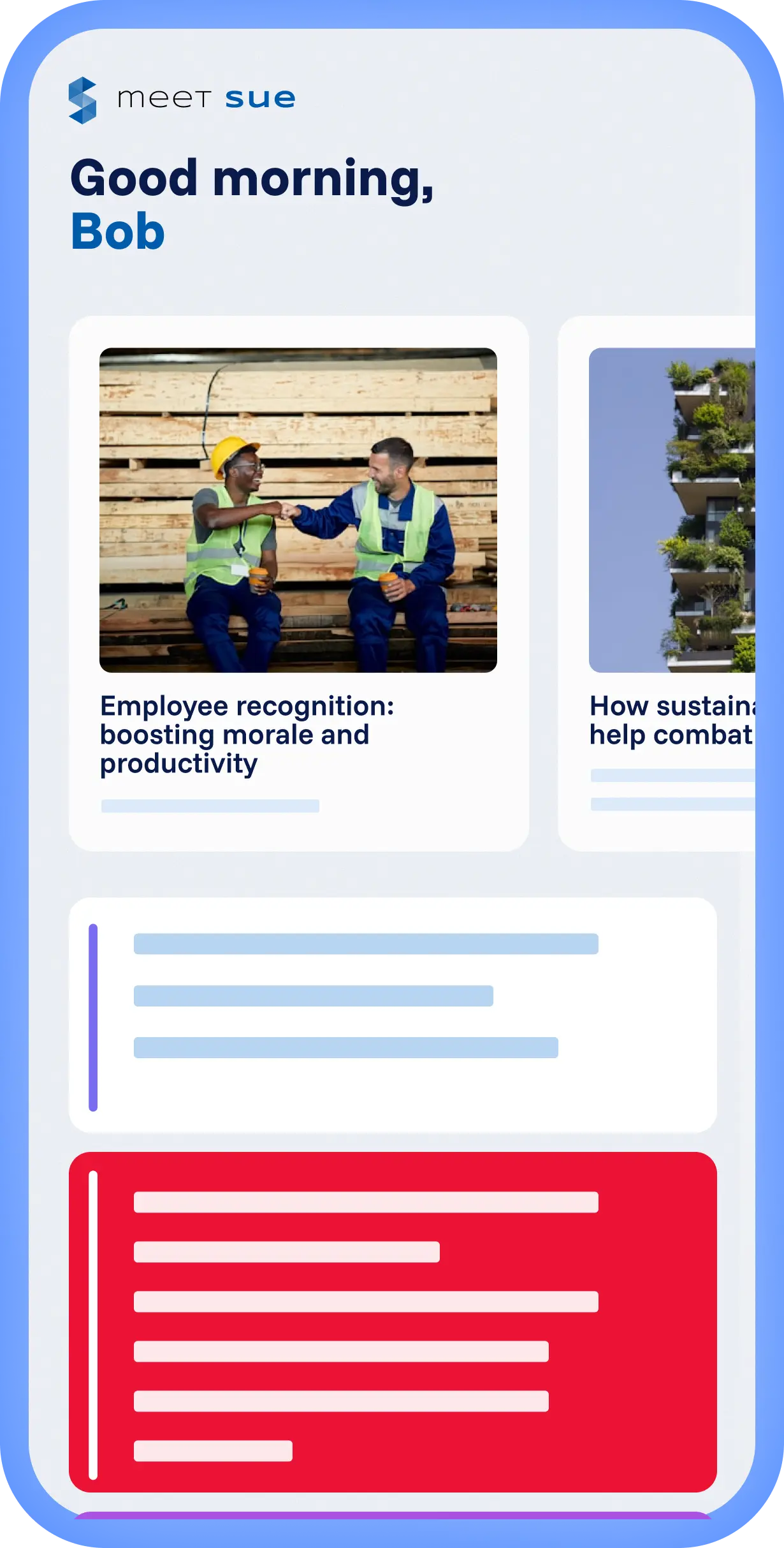 Spencer platform with local experience and custom Mobix branding, personalized feed with articles and a clear layout