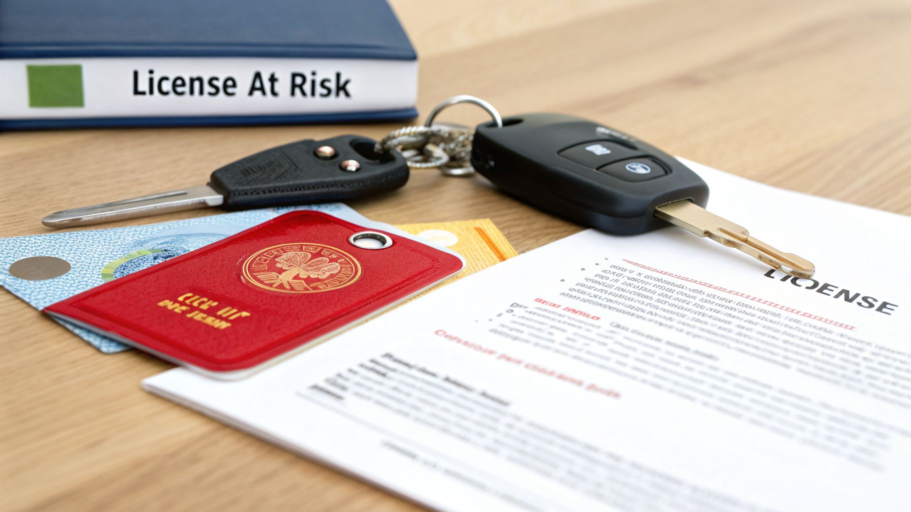 Car keys, a red license holder, and documents near a binder labeled 'License At Risk'.