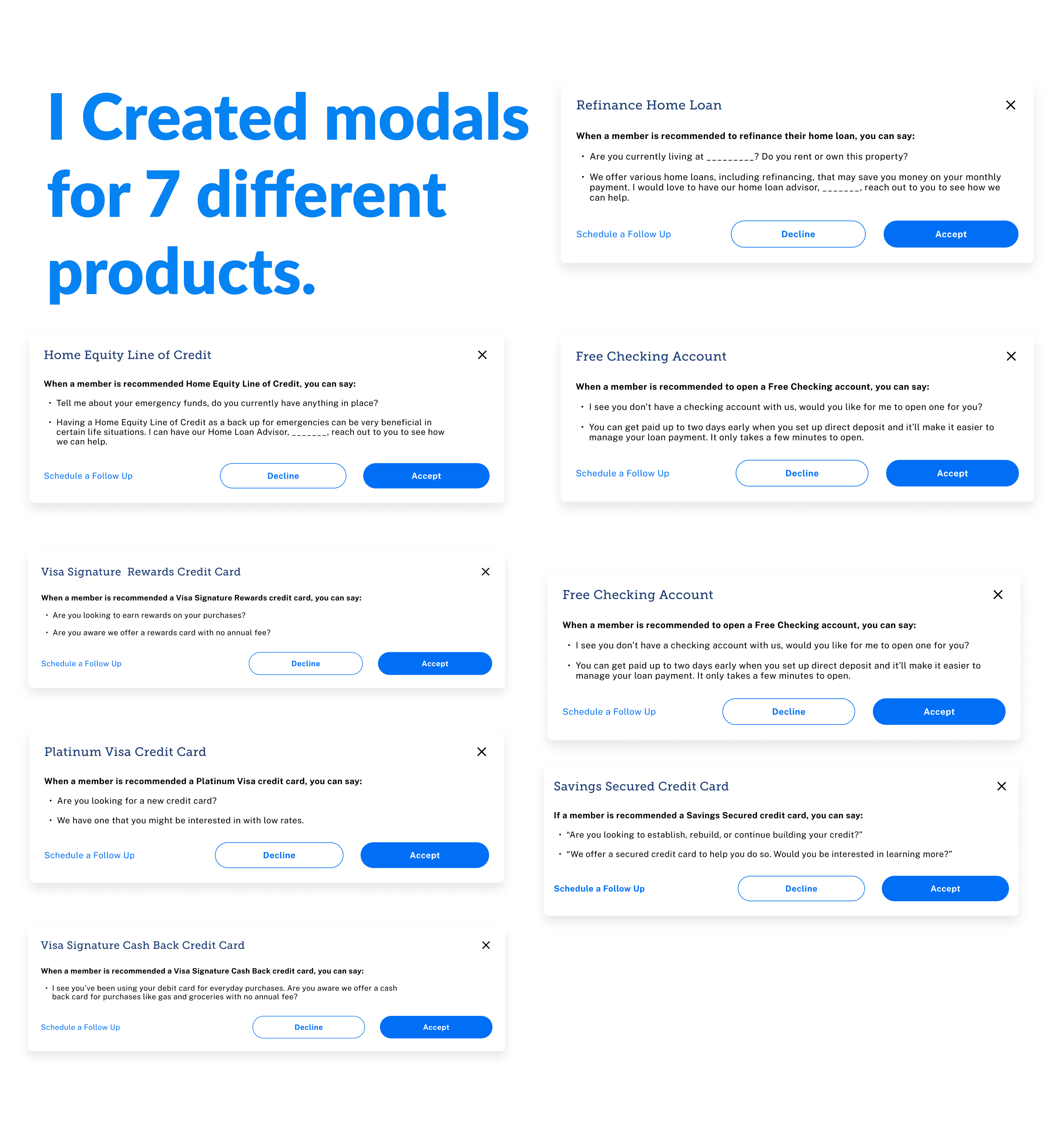 I mockup of seven different Next Best Product Modals with the text: "I Created modals for 7 different products."