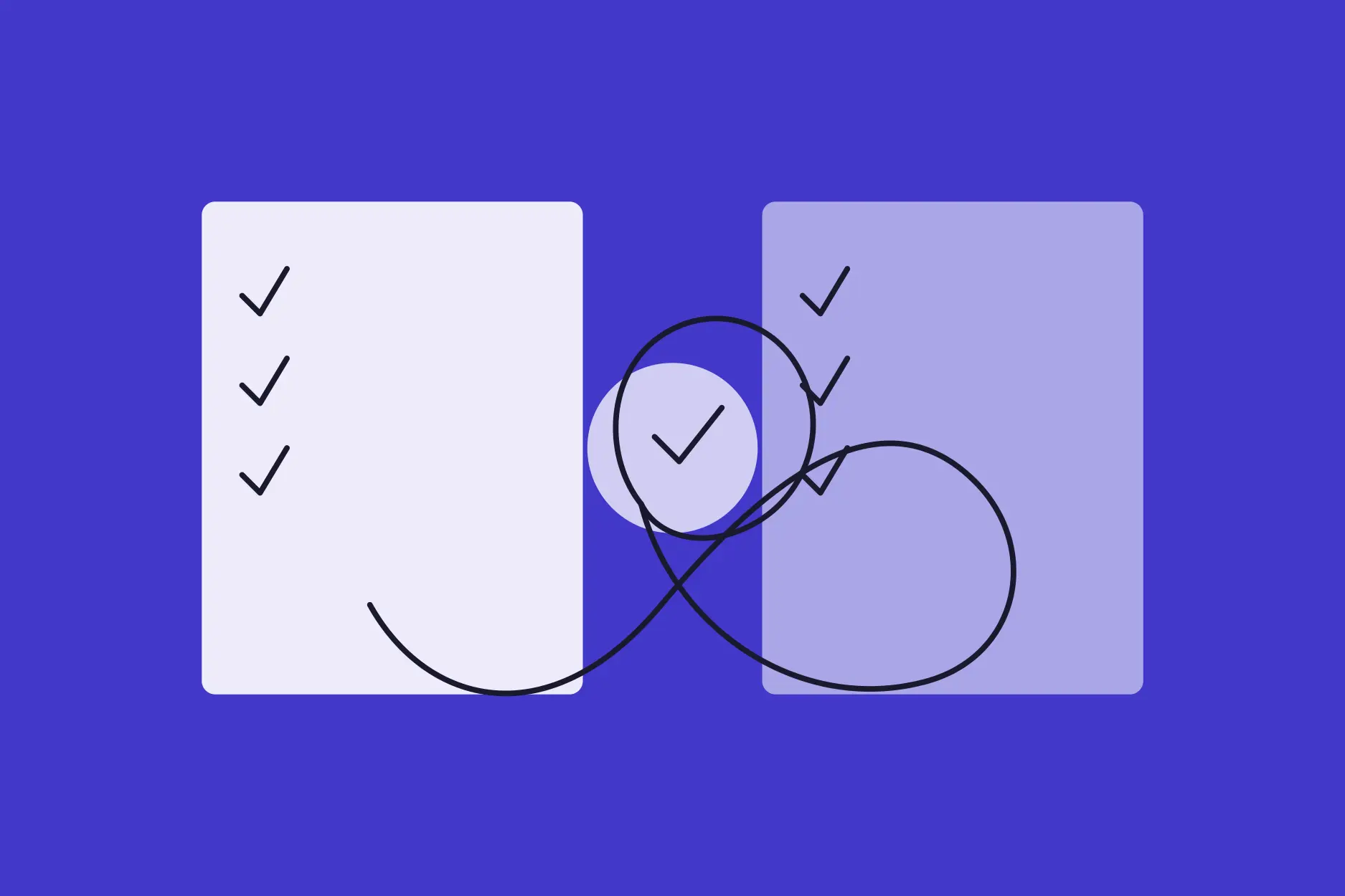 Abstract illustration showing two task cards connected by a looping hand-drawn path that closes into a completed circle, representing the journey from documented work to resolved patient outcomes.