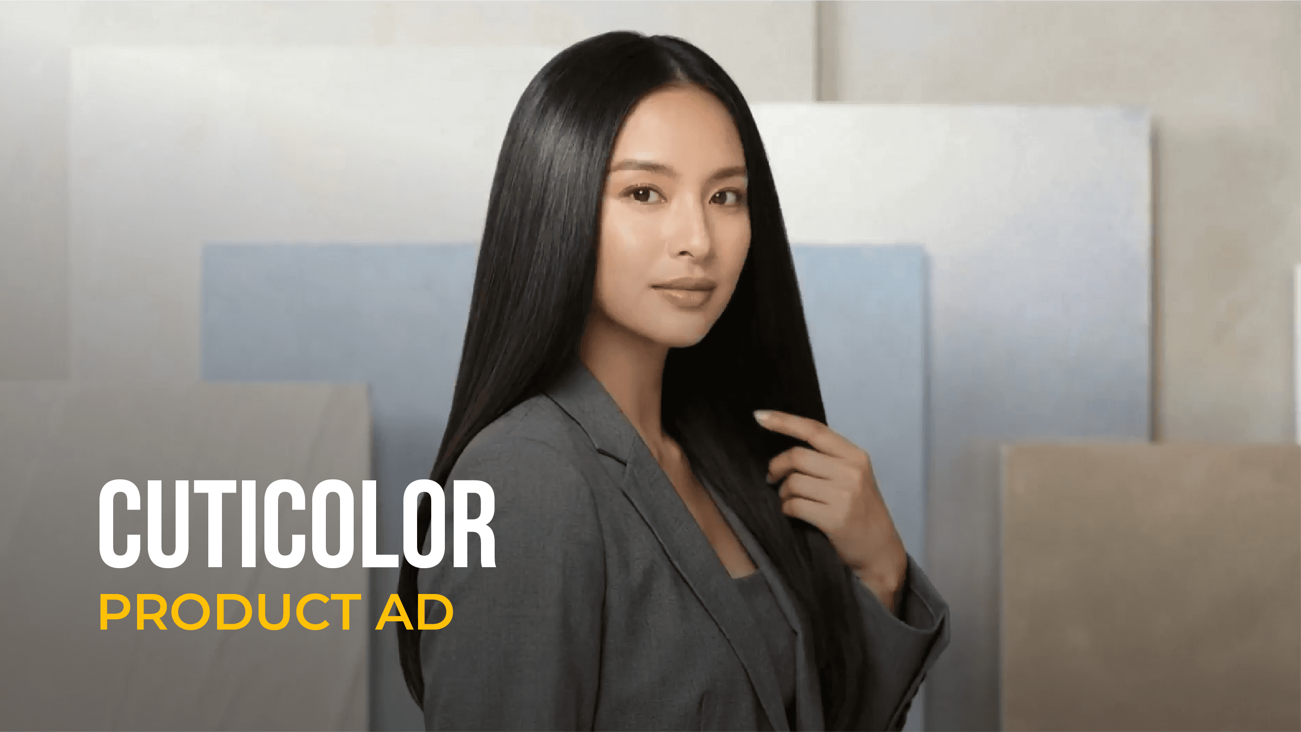 AI-generated ad film featuring a woman with long, healthy black hair against a studio backdrop, promoting Cuticolor hair color products.