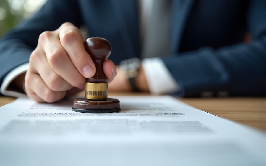 An attorney stamping a legal document