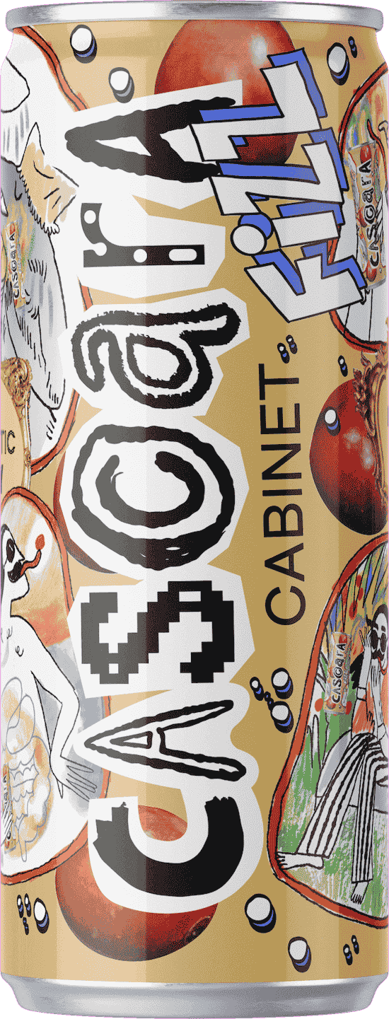 Cascara Cabinet Fizz can floating — lightly carbonated prebiotic soda crafted from upcycled coffee fruit.