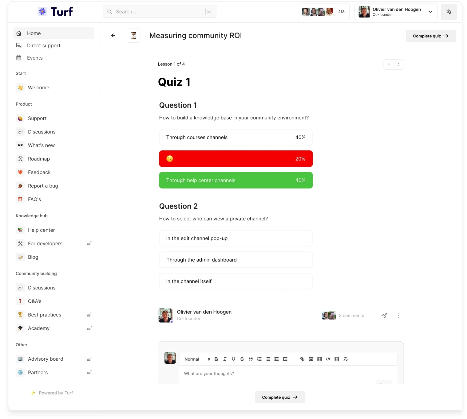 Quiz functionality in the Turf platform