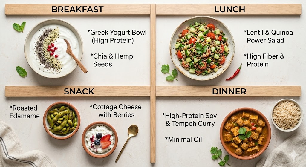 A top-down view of a complete full-day vegetarian meal plan infographic divided into breakfast, lunch, snack, and dinner. Meals include a Greek yogurt bowl with seeds, a lentil and quinoa power salad, roasted edamame, and a high-protein soy and tempeh curry, with text detailing the benefits of each.