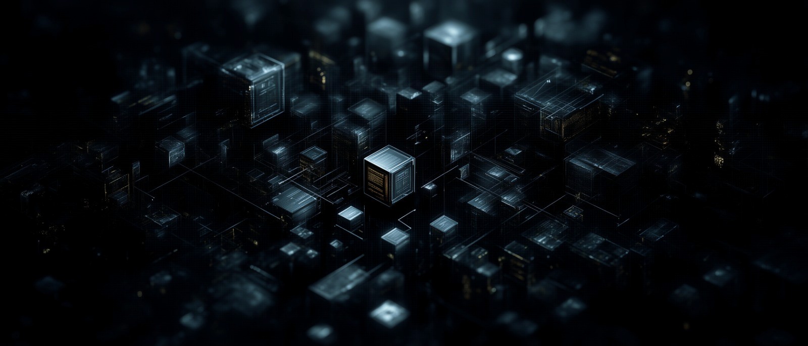 Dark, futuristic field of glowing cube-like structures connected across a digital grid, evoking rate and route optimization within a complex technology network.
