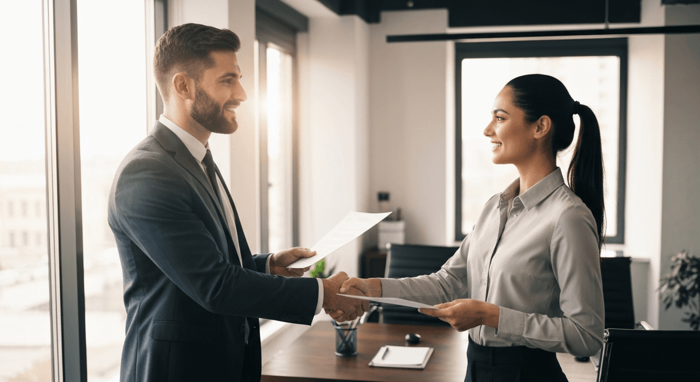 Businesspeople exchanging NDA documents